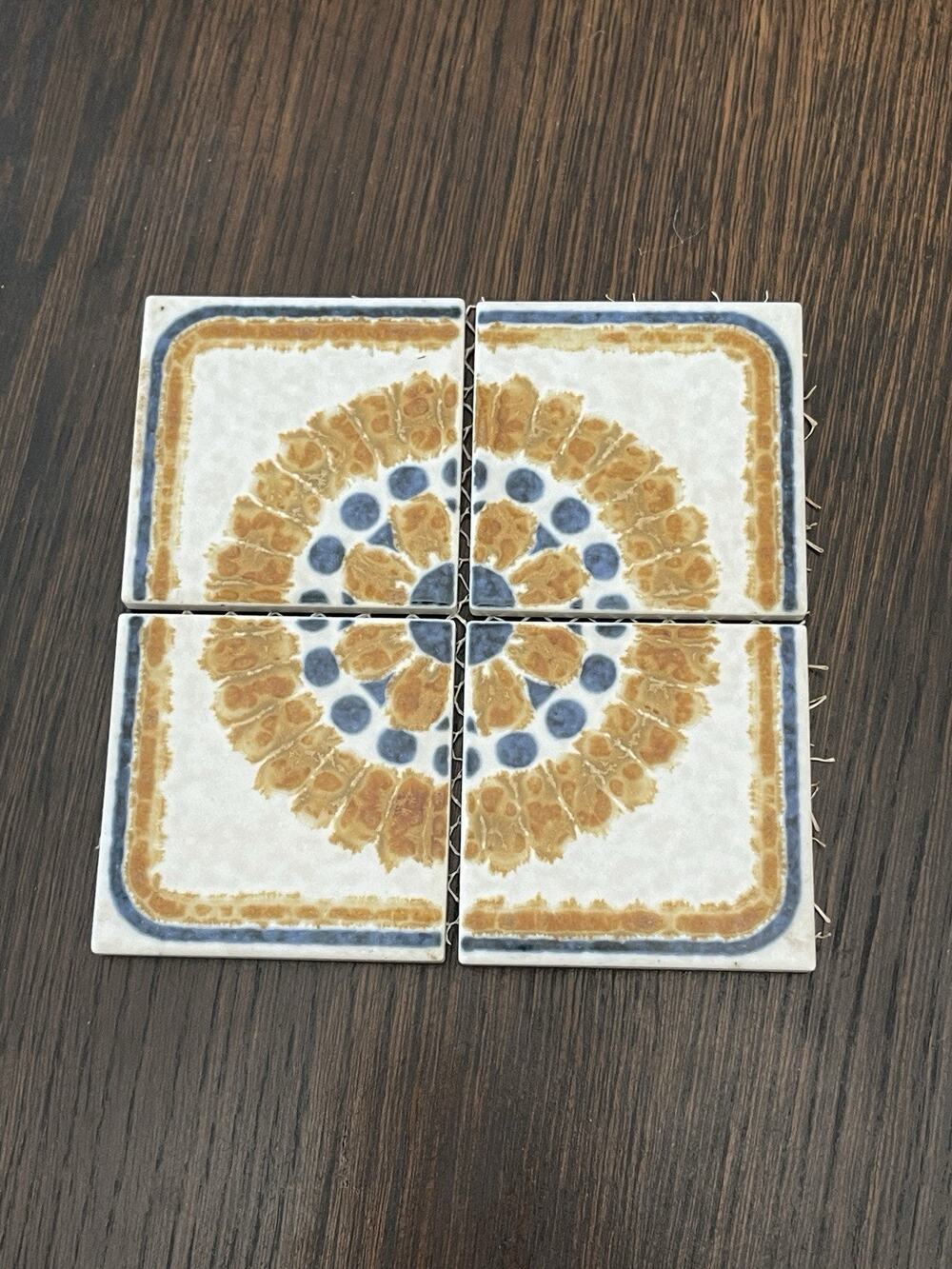 (1) Antique Japanese SUNFLOWER Porcelain Tile Japan MCM Yellow Blue Vintage